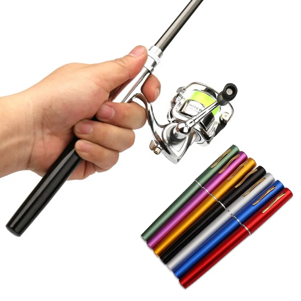 Mini vara de pesca em forma de caneta, durável, textura delicada, 1m, telescópica, com molinete