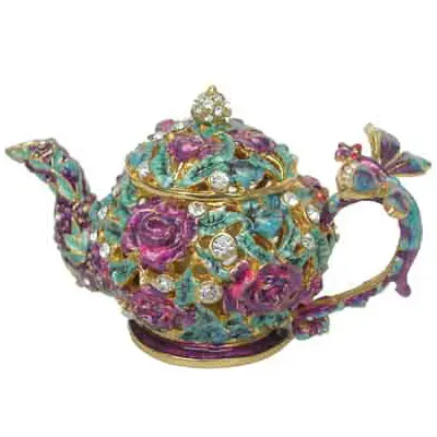 إبريق شاي بزهور من المينا ، صندوق حلية مجوهرات بألوان مختلفة لهدايا الديكور