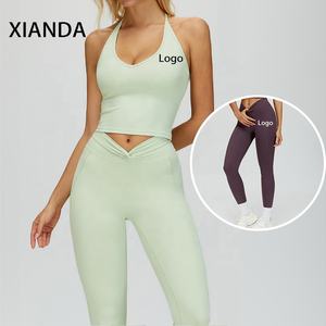 XIANDA OEM Custom Blank Logo Women Plus Size Halter Sporty Tank Top Tight Scrunch <strong>Leggings</strong> Outdoor Running 2-piece Sportswear - Product Image 2