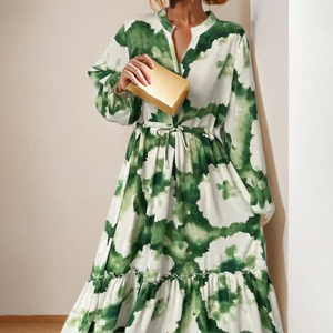 Abiti Lunghi Stampati a Colori per <span class=keywords><strong>Donna</strong></span>, Nuova Moda Primavera-Autunno, Scollo a V, Maniche Lunghe, Volant e Spacco, Vestito Elegante da Ufficio - Product Image 3