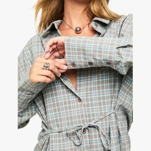 เดรสเชิ้ตผู้หญิงลายสก็อตทรงหลวมขายดี แขนยาว รัดเอว ติดกระดุม ความยาวมินิ - Product Image 3