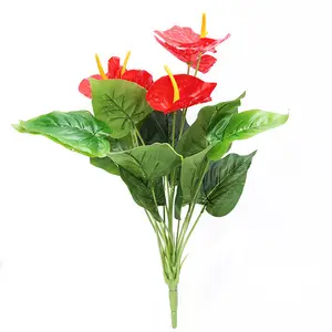 Artificial Plants Bouquet Office Indoor Decor Anthurium Leaves for Wedding Home Red Decorative Flowers