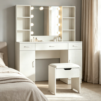 Ensemble de coiffeuse moderne blanche avec miroir lumineux, étagères de rangement ouvertes et tiroir, pour chambre à coucher