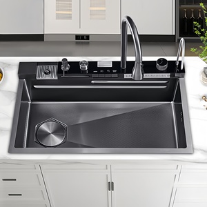 อ่างล้างจานแบบฝังใต้เคาน์เตอร์ ดีไซน์ใหม่ปี 2026 รุ่น Rainfall Waterfall ผลิตจากสแตนเลส 304 พร้อมไฟสีฟ้าและหน้าจอดิจิตอลสำหรับล้างผัก - Product Image 1