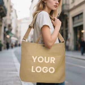 Sac fourre-tout en toile beige avec bouton-pression et sangle amovible pour courses réutilisables d'aliments et de légumes - Product Image 5