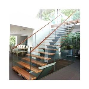 Escalera flotante recta de interior moderna <span class=keywords><strong>con</strong></span> banda de <span class=keywords><strong>madera</strong></span>, <span class=keywords><strong>escaleras</strong></span> de seguridad <span class=keywords><strong>con</strong></span> luz LED recta, barandilla de <span class=keywords><strong>vidrio</strong></span> negro - Product Image 1