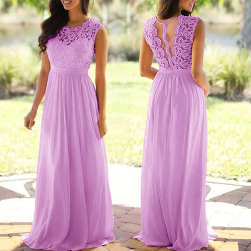 Purple floor length chiffon lace bridesmaid dress