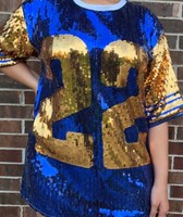 Vêtements de scène bleus et dorés pour sororité, t-shirt pour femmes Sigma Gamma Rho SGRHO #   Robe T-shirt numéro 22 en jersey à paillettes