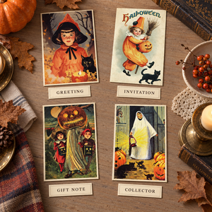 Cartes de vœux vintage pour Halloween, texture papier vieilli, sorcière, fantôme, squelette, cartes de vœux « Trick or Treat » pour fête d'Halloween et cadeaux - Product Image 5