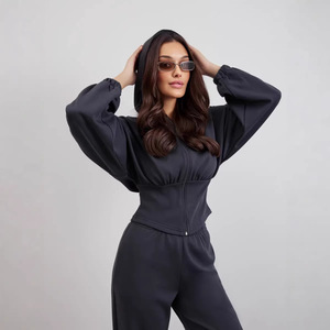 Women's Solid Zip-up Hoodie Set Full Sleeve Regular Jacket & Loose Sweatpants Custom Logo Streetwear Tracksuit - Product Image 1