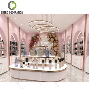 Étagères de présentation cosmétiques en or rose de luxe, design d'intérieur de parfumerie, aménagement de boutique de cosmétiques bio, vitrine arquée - Product Image 4