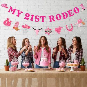 Décorations suspendues <span class=keywords><strong>pour</strong></span> son 21e <span class=keywords><strong>anniversaire</strong></span> sur le thème du Rodeo, rose vif, <span class=keywords><strong>pour</strong></span> elle, bannière de cowgirl western 21e Rodeo, bannière de course hippique Western - Product Image 3