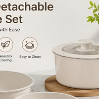 Ensemble de 5 casseroles et poêles antiadhésives empilables avec poignées amovibles, sans PFAS, saines, avec couvercles en verre, pour cuisinière à induction