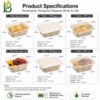 Contenants alimentaires jetables en bagasse 100 % compostables pour la restauration rapide, boîtes à emporter, sûrs pour les aliments, étanches, compatibles micro-ondes, 32/36 oz avec couvercle