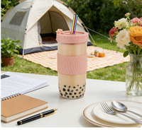 Lot de 2 mugs à café en verre de 24 oz, style bocal Mason à large ouverture pour smoothies, réutilisables, design moderne, avec couvercles et pailles