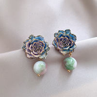Anting Tusuk Wanita Vintage Biru Cyan Motif Bunga Retro Tetesan Minyak Tembaga Batu Alam Imitasi Mutiara Pesta Kelas Atas Buatan Pabrik