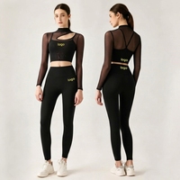 Ensemble de yoga respirant en maille asymétrique pour femmes, haut court à manches longues et leggings, vêtements de sport, tenue de pilates, vêtements de gym