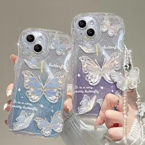 Gradiente de luxo com pulseira Chain Wave Phone Case para Iphone 14 13 12 11 15 Pro Max Glitter Bling Butterfly Mobile Phone Cases