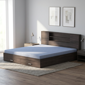 (2263) Lit en bois contemporain de haute qualité avec tête de lit intégrée, rangement et tiroir frontal, fabriqué en Malaisie - Product Image 3