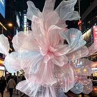 Installation de fleurs géantes en organza rose avec dégradé de couleurs pour toile de fond de mariage, vitrine de centre commercial et décoration de scène événementielle