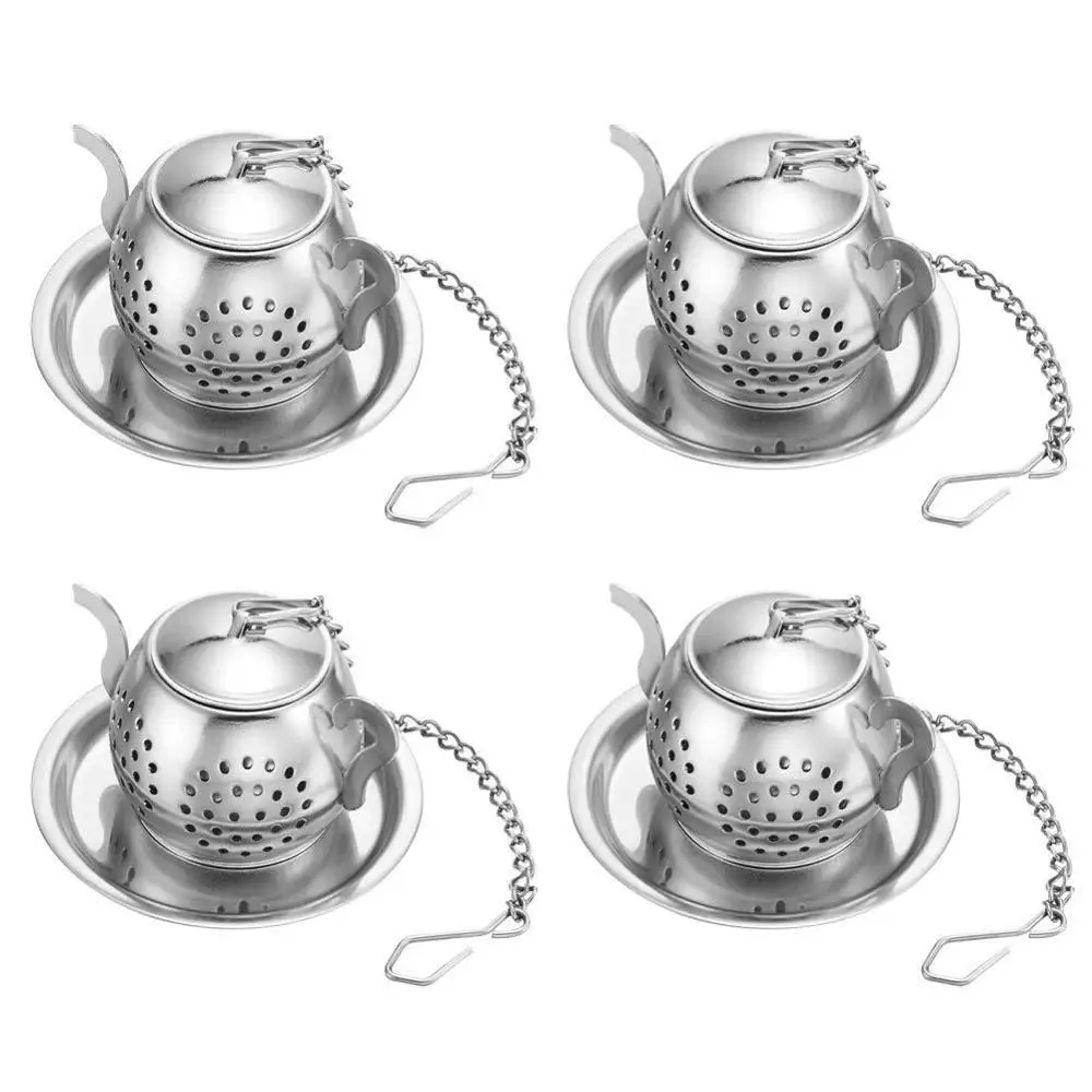 Teapot Shaped Loose Leaf Tea Infuser Ball Stainless Steel Tea Strainer Set of 4 with Chain and Drip Trays Tea Filter