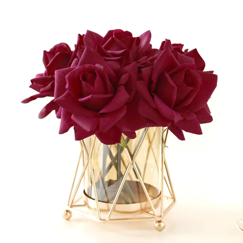 מלאכותי משי ורדים לחות מגע סימולציה חתונה זר עיצוב הבית פרח יוקרה אדום אחת מסולסל עלה