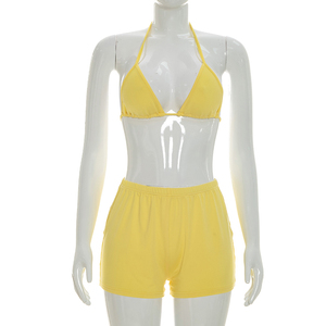 Ensemble d'été pour femmes Viviblook D26ST103, haut en mousseline de soie à col en V profond, manches longues évasées, short à lacets, ensemble 3 pièces pour femmes - Product Image 6
