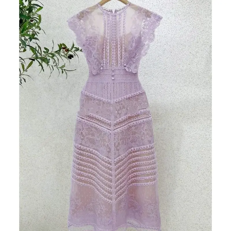 Fashion Women's Summer New Heavy Industry Lace Hollow Out Design Sense Slim Fit Celebrity High Waist Dress