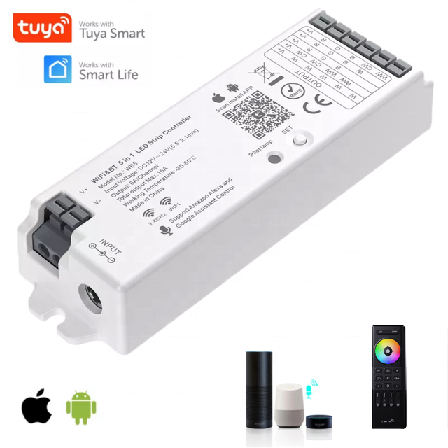 Tuya WiFI  RF Smart Phone RGB RGBW DC 12V 24V 5 in 1 LED Strip Controller 6A/Channel