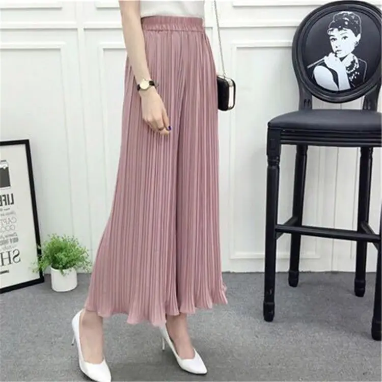 Wholesale Loose Chiffon Casual Flared Cropped Pants Solid Women Clothes Pants High Waist Pleated Wide Legged Pants