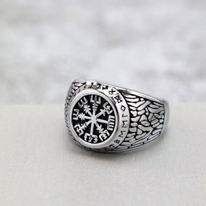 Retro Stainless Steel Men's <b>Ring</b> Viking Compass Runes Round Geometric Design Gift Jewelry - Product Image 2