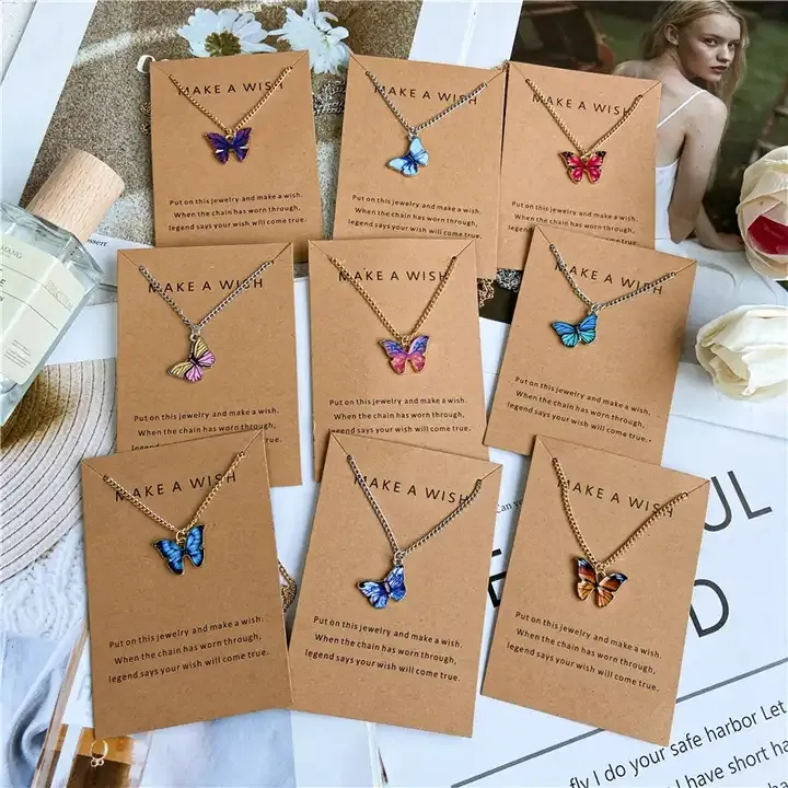 Trendy Multiple Colors Butterfly Necklace Thin Chain Colorful Pendant Necklace for Women Jewelry