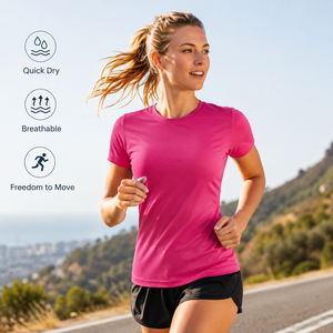 T-shirt de sport à manches courtes pour femme, maille quadrillée, évacuation de l'humidité, extensible dans les 4 sens, col rond, pour entraînement, course à pied, gym, logo personnalisé OEM - Product Image 1