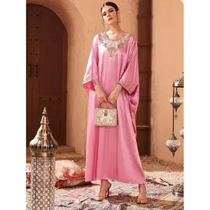 Váy Kaftan Ren Thêu Hoa Tương Phản KY Váy Kaftan Nữ Satin Tay Cánh Dơi Cho Phụ Nữ Hồi Giáo