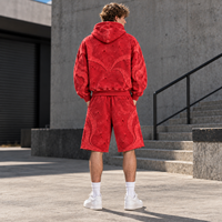 Ensemble sweat à capuche et short personnalisé effet vieilli en molleton de coton délavé avec patch appliqué, fermeture éclair intégrale, pour le streetwear