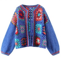 Cardigan Bohème Femme en Crochet Fait Main, Motifs Géométriques Color Block, Col Rond, Manches Longues, Pull Personnalisable, Manteau Court Tricoté