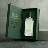Boîte à parfum rigide de luxe personnalisée, style livre vert magnétique, ouverture latérale, emballage cosmétique écologique avec parfum personnalisé