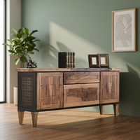 Buffet console en bois de chêne massif, style industriel moderne, avec tiroirs de rangement, portes à panneaux plats et poignées métalliques, 5 pieds+, pour rangement