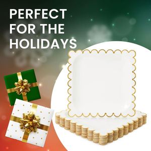 Modern Square White Gold Paper <b>Plates</b> Factory Direct OEM Disposable for Weddings Bridal <b>Showers</b> Scalloped Edges Hot Selling - Product Image 4