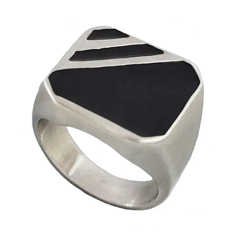 Real U Custom perhiasan Fashion cincin perhiasan untuk anak laki-laki grosir Pria geometris persegi panjang Pinky Signet cincin dengan Resin hitam