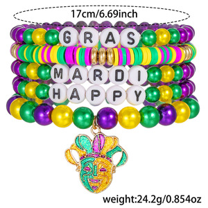 Mardi Gras <b>Beaded</b> <b>Bracelet</b> Set Colorful Party Jewelry With Jester Charm Unisex Fashion Accessory - Product Image 4