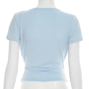 Viviblook Y26TP230 Camiseta Casual de Verano para Mujer, Nueva Moda, Color Sólido, Manga Corta, Sexy, Cuello Cruzado, Top de Manga Corta - Product Image 4