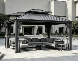 Gazebo de Aluminio Moderno de Lujo con Techo Rígido de Dos Niveles, Pabellón Exterior Bioclimático con Cortinas para Patio y Jardín - Product Image 2