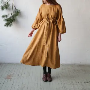 Maxi vestido de noche victoriano amarillo mostaza personalizado 100% algodón orgánico natural vestidos casuales de talla grande vestidos de mujer