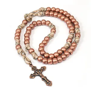 Manufacture Wholesale Catholic ODM OEM & RTS Beige Camouflage color Paracord Rosary with 10 mm Beaded Necklace