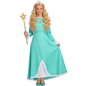 Robe de princesse pêche pour filles, costume de cosplay d'Halloween, tenue à manches longues bleu sarcelle avec couronne et baguette magique - Product Image 1