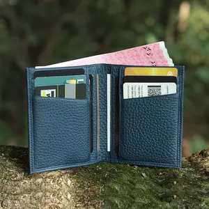 High Quality Navy Blue Leather Slim RFID Blocking Bifold Small Card Holder Wallet for Men