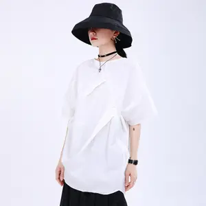 1380's 2021 Women's Lazy Retro Design Sense Short-Sleeved Slant Placket Button Shirt Front And Back Wear Cotton Shirt