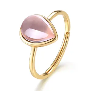 Fashion Gold Plated Adjustable Women Ring Engagement Rings For Women Gold Color Teardrop Rose Quartz Ring Female Wedding Jewelry
