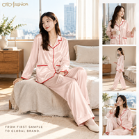 Ensemble deux pièces rose aspect satiné pour femme, pyjama à manches longues et boutons sur le devant, vêtements de détente, fabricant OEM personnalisé